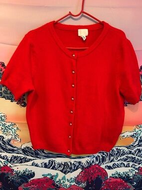Bright Red Button Down Blouse with Gold Accents